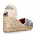 Cotton canvas wedge woman espadrilles shoes SANDAL style with ribbons closure.