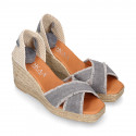 Cotton canvas wedge woman espadrilles shoes SANDAL style with ribbons closure.