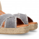 Cotton canvas wedge woman espadrilles shoes SANDAL style with ribbons closure.