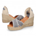 Cotton canvas wedge woman espadrilles shoes SANDAL style with ribbons closure.