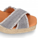 Cotton canvas wedge woman espadrilles shoes SANDAL style with ribbons closure.