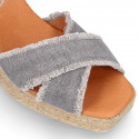 Cotton canvas wedge woman espadrilles shoes SANDAL style with ribbons closure.