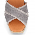 Cotton canvas wedge woman espadrilles shoes SANDAL style with ribbons closure.