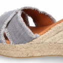 Cotton canvas wedge woman espadrilles shoes SANDAL style with ribbons closure.