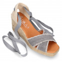 Cotton canvas wedge woman espadrilles shoes SANDAL style with ribbons closure.