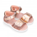 HEARTS design laminated leather Girls Sandal shoes with double hook and loop closure.