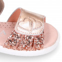 HEARTS design laminated leather Girls Sandal shoes with double hook and loop closure.