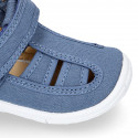 PIQUE cotton canvas kids sandal shoes with hook and loop strap closure.