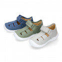 PIQUE cotton canvas kids sandal shoes with hook and loop strap closure.