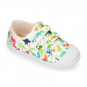 Cotton canvas Kids Tennis shoes laceless with DINOS design with toe cap.