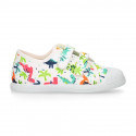 Cotton canvas Kids Tennis shoes laceless with DINOS design with toe cap.