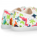 Cotton canvas Kids Tennis shoes laceless with DINOS design with toe cap.