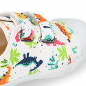 Cotton canvas Kids Tennis shoes laceless with DINOS design with toe cap.