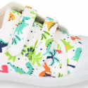 Cotton canvas Kids Tennis shoes laceless with DINOS design with toe cap.