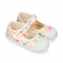 CORALS print Cotton canvas Girl Mary Jane shoes with hook and loop strap closure and toe cap.