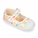 CORALS print Cotton canvas Girl Mary Jane shoes with hook and loop strap closure and toe cap.