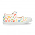 CORALS print Cotton canvas Girl Mary Jane shoes with hook and loop strap closure and toe cap.