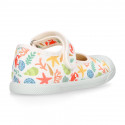 CORALS print Cotton canvas Girl Mary Jane shoes with hook and loop strap closure and toe cap.