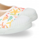 CORALS print Cotton canvas Girl Mary Jane shoes with hook and loop strap closure and toe cap.