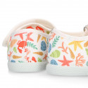 CORALS print Cotton canvas Girl Mary Jane shoes with hook and loop strap closure and toe cap.