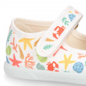 CORALS print Cotton canvas Girl Mary Jane shoes with hook and loop strap closure and toe cap.