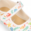 CORALS print Cotton canvas Girl Mary Jane shoes with hook and loop strap closure and toe cap.