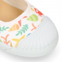 CORALS print Cotton canvas Girl Mary Jane shoes with hook and loop strap closure and toe cap.
