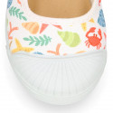 CORALS print Cotton canvas Girl Mary Jane shoes with hook and loop strap closure and toe cap.