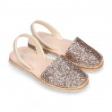 EXTRA SOFT leather Girl Menorquina sandals with rear strap and glitter design.