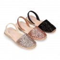 EXTRA SOFT leather Girl Menorquina sandals with rear strap and glitter design.