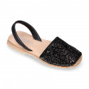 EXTRA SOFT leather Girl Menorquina sandals with rear strap and glitter design.