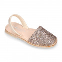 EXTRA SOFT leather Girl Menorquina sandals with rear strap and glitter design.