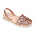 EXTRA SOFT leather Girl Menorquina sandals with rear strap and glitter design.