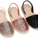 EXTRA SOFT leather Girl Menorquina sandals with rear strap and glitter design.