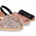 EXTRA SOFT leather Girl Menorquina sandals with rear strap and glitter design.