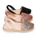 EXTRA SOFT leather Girl Menorquina sandals with rear strap and glitter design.