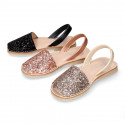 EXTRA SOFT leather Girl Menorquina sandals with rear strap and glitter design.