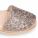 EXTRA SOFT leather Girl Menorquina sandals with rear strap and glitter design.