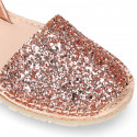 EXTRA SOFT leather Girl Menorquina sandals with rear strap and glitter design.