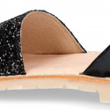 EXTRA SOFT leather Girl Menorquina sandals with rear strap and glitter design.