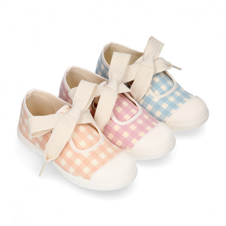 Girl VICHY Cotton canvas Mary Jane shoes ANGEL style with toe cap.