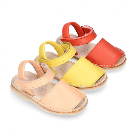 SOFT leather Kids Menorquina sandals with hook and loop strap in trendy colors.