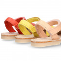 SOFT leather Kids Menorquina sandals with hook and loop strap in trendy colors.