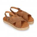 TAN Suede leather Girl sandal shoes espadrille style with crossed straps design.