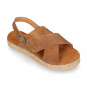 TAN Suede leather Girl sandal shoes espadrille style with crossed straps design.