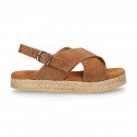 TAN Suede leather Girl sandal shoes espadrille style with crossed straps design.