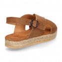 TAN Suede leather Girl sandal shoes espadrille style with crossed straps design.