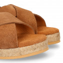 TAN Suede leather Girl sandal shoes espadrille style with crossed straps design.