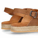 TAN Suede leather Girl sandal shoes espadrille style with crossed straps design.