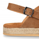 TAN Suede leather Girl sandal shoes espadrille style with crossed straps design.